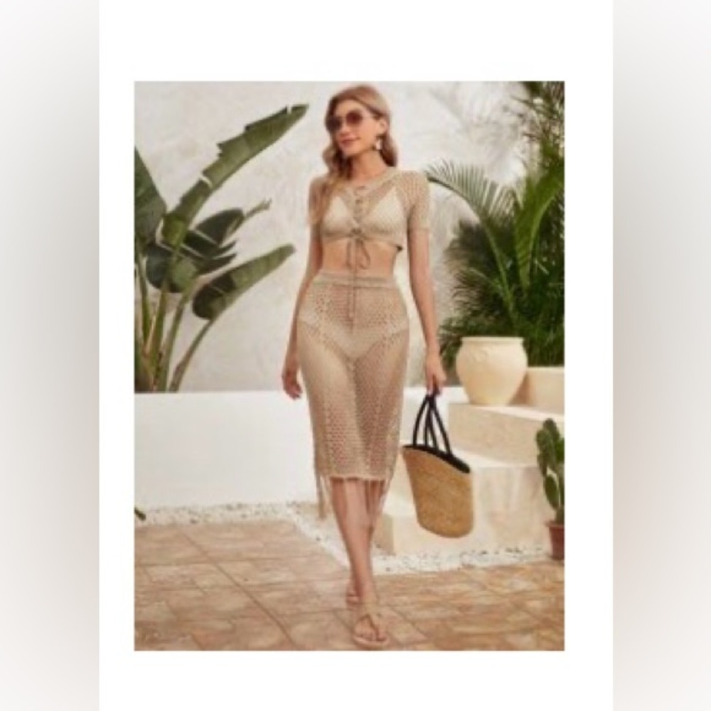 SHEIN Sheer Lace Up Knit Crop Top & Skirt Cover Up